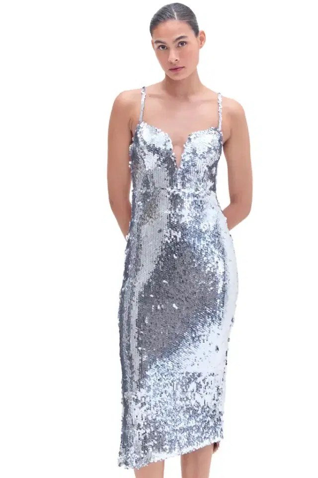 PatBo SILVER SEQUIN MIDI DRESS