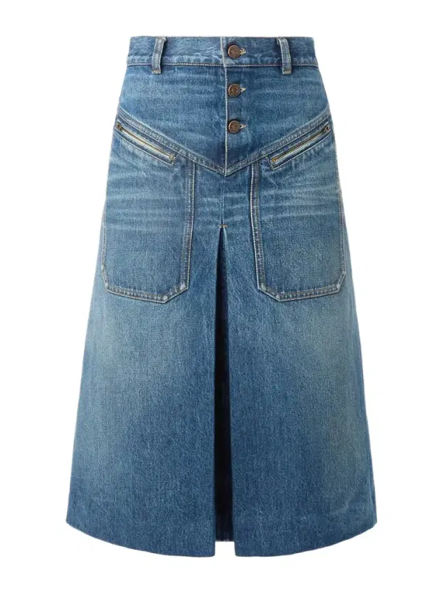 Pleated Paneled Denim Midi Skirt