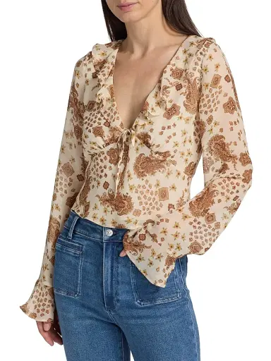 PAIGE Women's Delamar Paisley Silk Blouse - Ecru Multi | Thumbnail 3