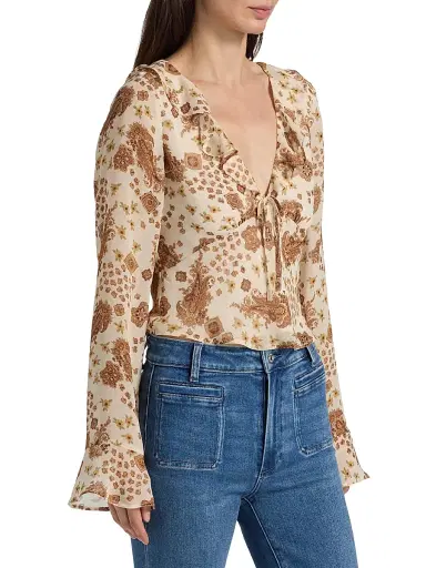 PAIGE Women's Delamar Paisley Silk Blouse - Ecru Multi | Thumbnail 4