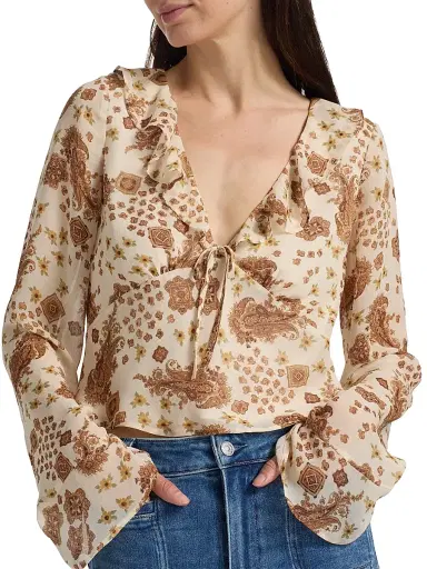 PAIGE Women's Delamar Paisley Silk Blouse - Ecru Multi | Thumbnail 6