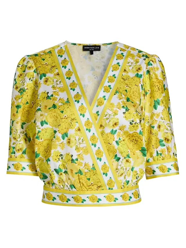 Generation Love Women's Rema Floral Cotton Poplin Wrap Blouse - Floral Fantasy White Yellow