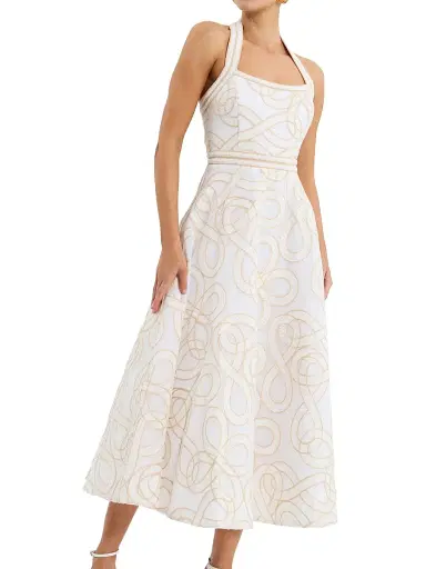 Rebecca Vallance Women's Irena Embroidered Halterneck Midi-Dress - Cream - Size 8 | Thumbnail 4