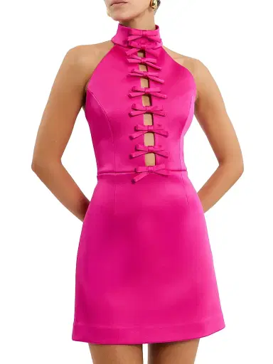 Rebecca Vallance Women's Saskia Bow Halterneck Minidress - Hot Pink - Size 10 | Thumbnail 1