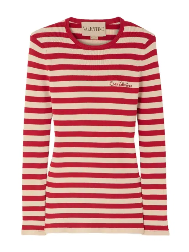 Embroidered Striped Ribbed-knit Cotton Sweater