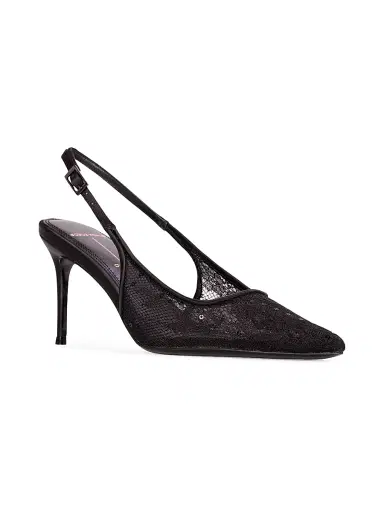 Black Suede Studio Women's Marina 80MM Lace Slingback Pumps - Black Sequin Lace - Size 10 | Thumbnail 2