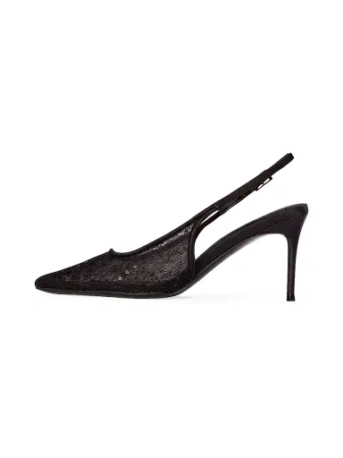 Black Suede Studio Women's Marina 80MM Lace Slingback Pumps - Black Sequin Lace - Size 10 | Thumbnail 5