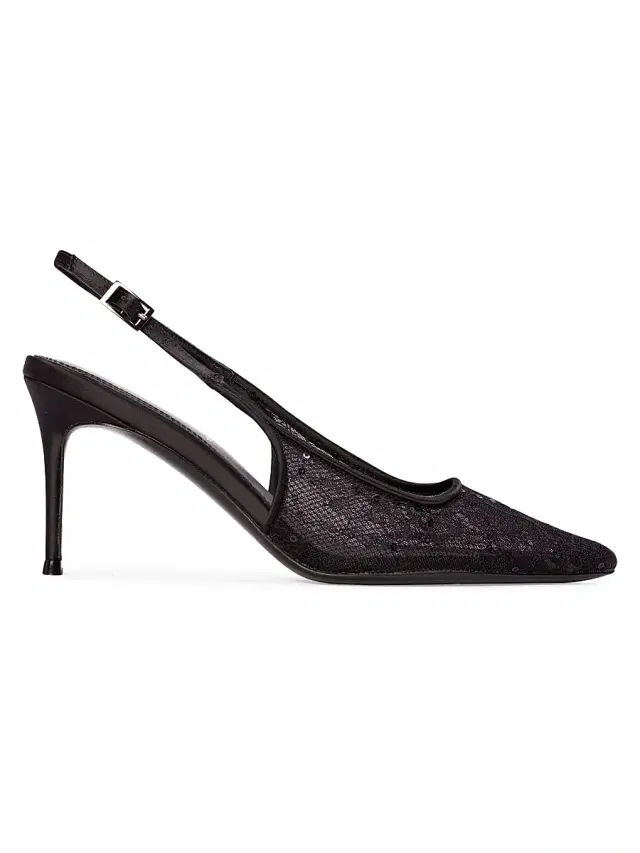 Black Suede Studio Women's Marina 80MM Lace Slingback Pumps - Black Sequin Lace