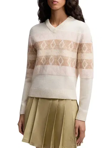 Moncler Women's V-Neck Sweater in Wool - White Pink | Thumbnail 2 Moncler Women's V-Neck Sweater in Wool - White Pink | Thumbnail 2