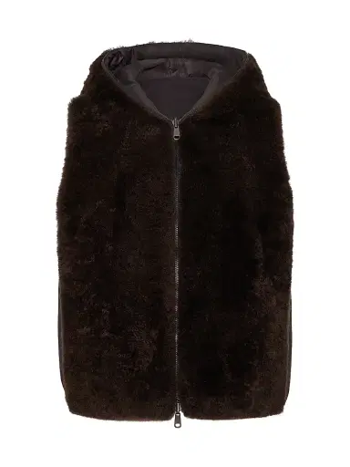Brunello Cucinelli Women's Cashmere Shearling Reversible Hooded Vest with Precious Trim - Rust Brown | Thumbnail 1 Brunello Cucinelli Women's Cashmere Shearling Reversible Hooded Vest with Precious Trim - Rust Brown | Thumbnail 1