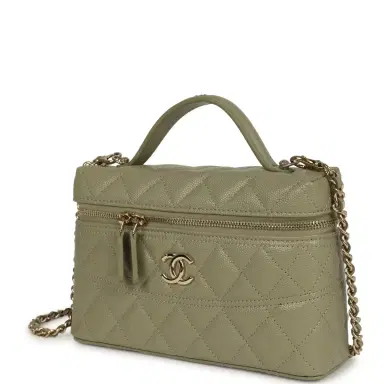 Chanel Chanel Trendy Top Handle Long Vanity Case with Chain Khaki Caviar Light Gold Hardware | Thumbnail 3