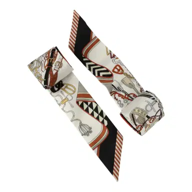 HERMÈS Hermes "Bouquets Sellier" Blanc, Noir and Caramel Multi Silk Twilly Pair | Thumbnail 3