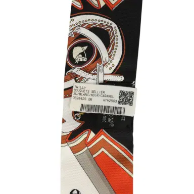 HERMÈS Hermes "Bouquets Sellier" Blanc, Noir and Caramel Multi Silk Twilly Pair | Thumbnail 4
