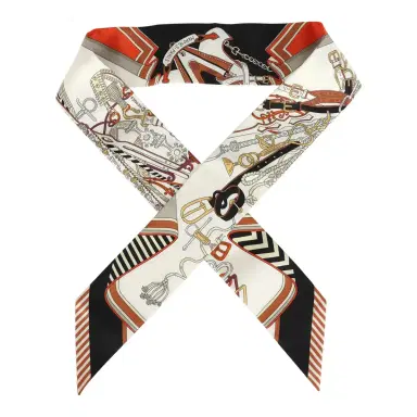 HERMÈS Hermes "Bouquets Sellier" Blanc, Noir and Caramel Multi Silk Twilly Pair | Thumbnail 1