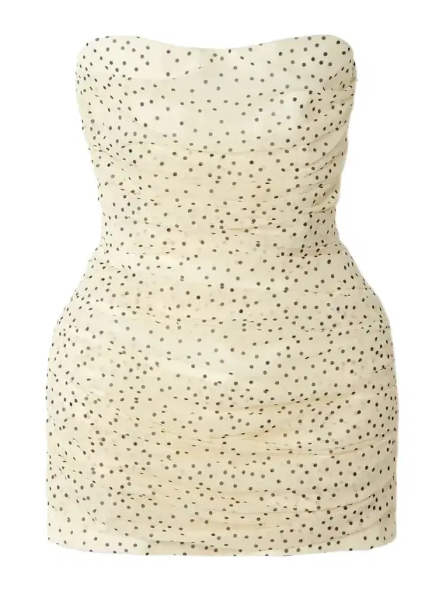 Strapless Crochet-trimmed Ruched Polka-dot Silk-blend Chiffon Mini Dress