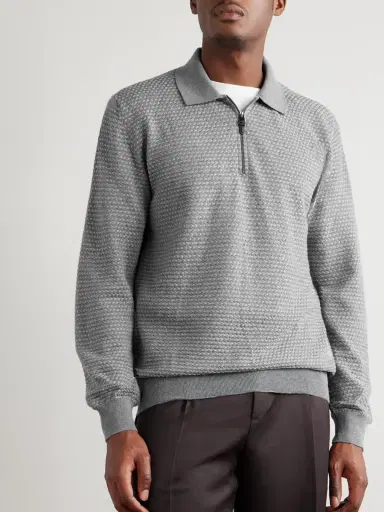 Canali Basketweave Jacquard-Knitted Wool Half-Zip Polo Shirt - Men | Thumbnail 4 Canali Basketweave Jacquard-Knitted Wool Half-Zip Polo Shirt - Men | Thumbnail 4