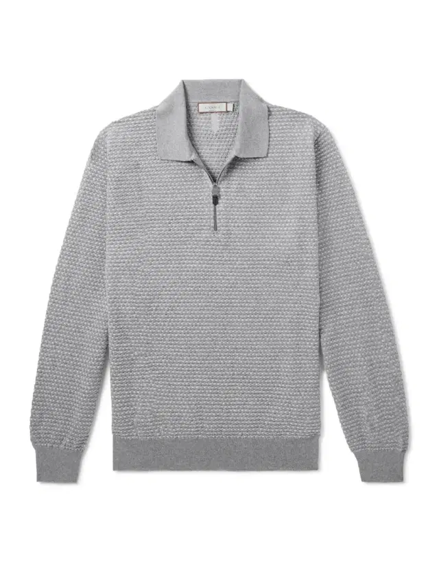 Canali Basketweave Jacquard-Knitted Wool Half-Zip Polo Shirt - Men