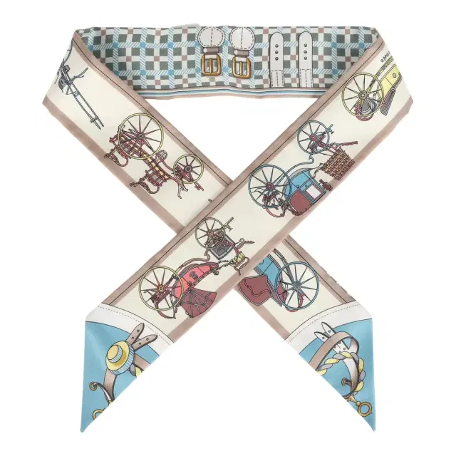 Hermes "Les Voitures Nouvelle" Vert Amande, Bleu Glacier and Beige Silk Twilly