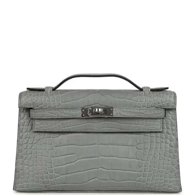 Hermes Kelly Pochette Gris Cement Matte Alligator Mississipiensis Palladium Hardware Hermes Kelly Pochette Gris Cement Matte Alligator Mississipiensis Palladium Hardware