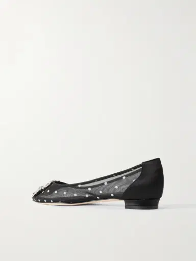Manolo Blahnik Hangisiflat Satin-trimmed Crystal-embellished Flocked Mesh Point-toe Ballet Flats | Thumbnail 3