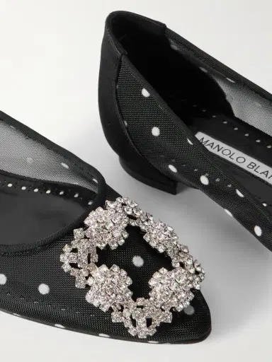 Manolo Blahnik Hangisiflat Satin-trimmed Crystal-embellished Flocked Mesh Point-toe Ballet Flats | Thumbnail 4