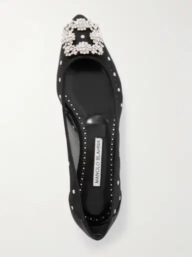 Manolo Blahnik Hangisiflat Satin-trimmed Crystal-embellished Flocked Mesh Point-toe Ballet Flats | Thumbnail 5
