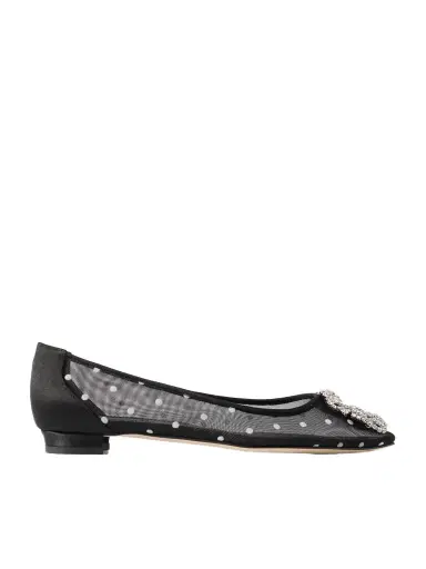 Manolo Blahnik Hangisiflat Satin-trimmed Crystal-embellished Flocked Mesh Point-toe Ballet Flats | Thumbnail 1