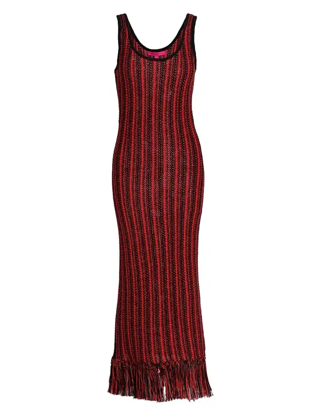 The Elder Statesman Women's Stripe Scoopneck Fringe Dress - Black Tomato