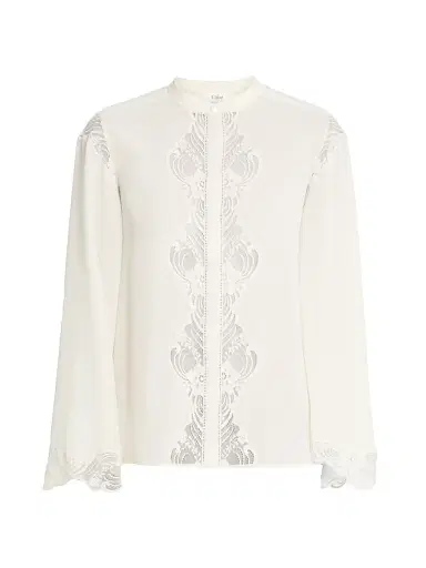 Chloé Women's Lace-Trimmed Silk Blouse - Pristine White | Thumbnail 1 Chloé Women's Lace-Trimmed Silk Blouse - Pristine White | Thumbnail 1