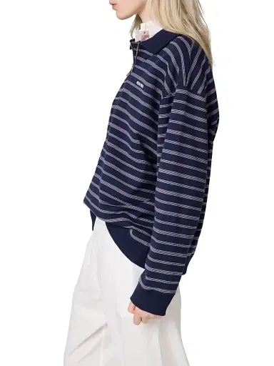 Miu Miu Women's Striped Zipper Polo Shirt - Blue | Thumbnail 3 Miu Miu Women's Striped Zipper Polo Shirt - Blue | Thumbnail 3