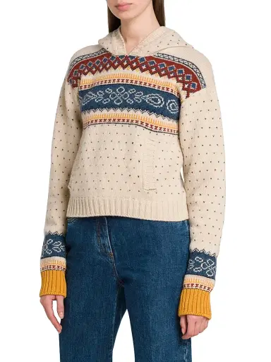Etro Women's Fair Isle-Style Wool Hoodie - Multicoro Baige Base | Thumbnail 4