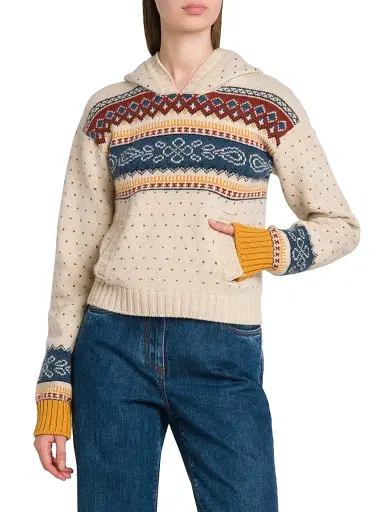 Etro Women's Fair Isle-Style Wool Hoodie - Multicoro Baige Base | Thumbnail 6