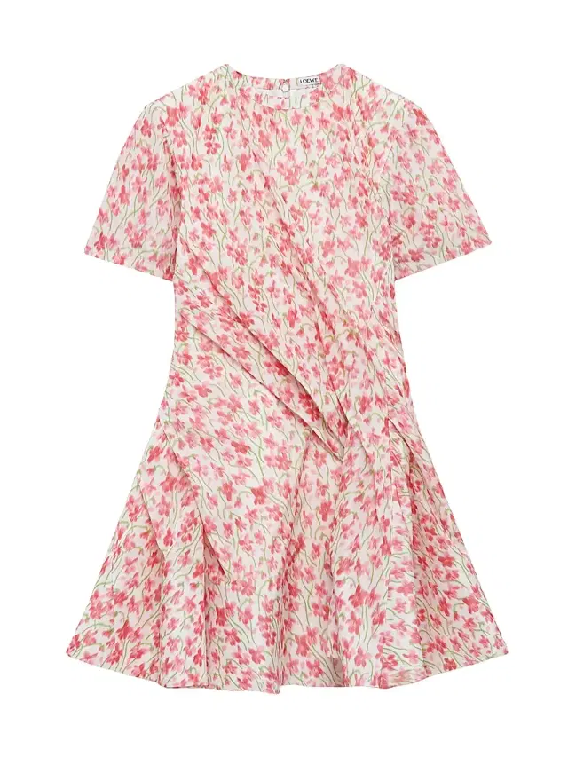 LOEWE Women's Twisted Floral Short-Sleeve Minidress - White Pink