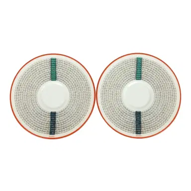 HERMÈS Hermes "Tressages Equestres" Orange, White and Blue Porcelain Coffee Cup & Saucer Set of 2 | Thumbnail 5