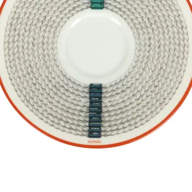 HERMÈS Hermes "Tressages Equestres" Orange, White and Blue Porcelain Coffee Cup & Saucer Set of 2 | Thumbnail 6