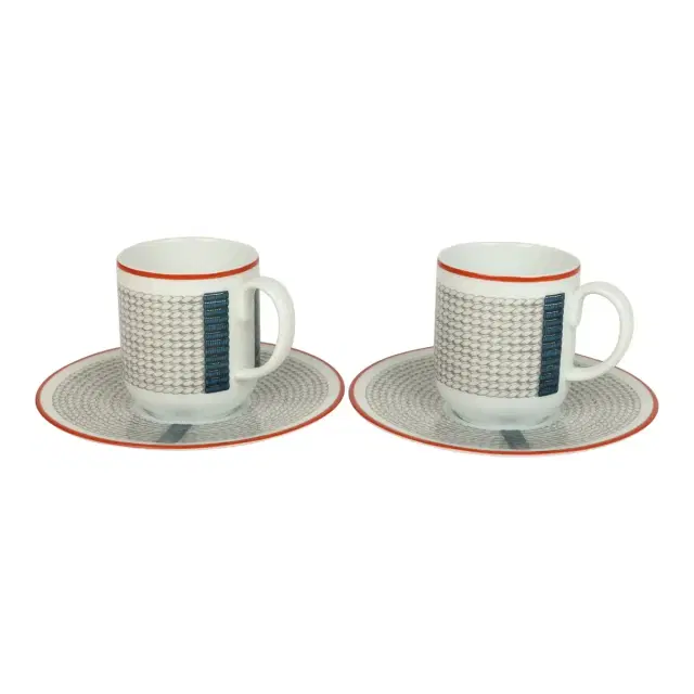 HERMÈS Hermes "Tressages Equestres" Orange, White and Blue Porcelain Coffee Cup & Saucer Set of 2
