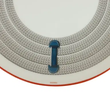 HERMÈS Hermes "Tressages Equestres" Orange, White and Blue Porcelain Dessert Plate Set of 2 | Thumbnail 4