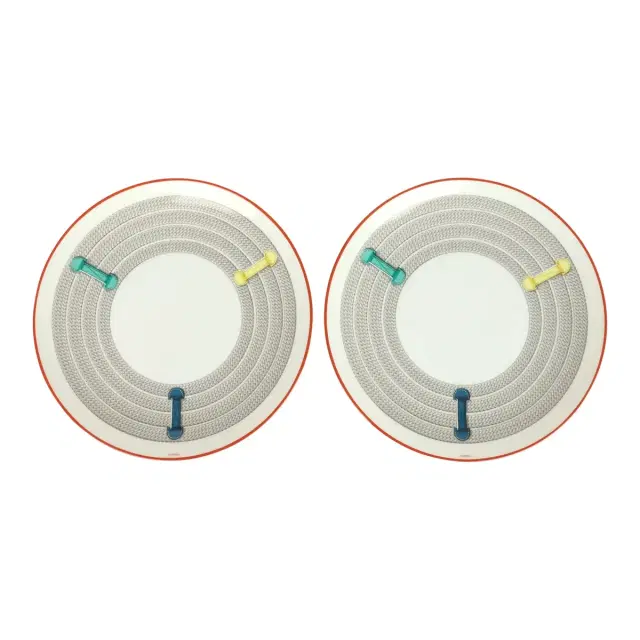 HERMÈS Hermes "Tressages Equestres" Orange, White and Blue Porcelain Dessert Plate Set of 2