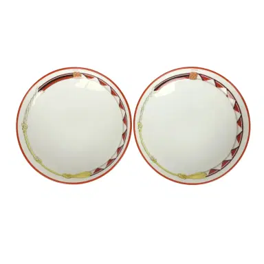 HERMÈS Hermes Medium "Tressages Equestres" Orange, White and Blue Porcelain Hollow Plate Set of 2 | Thumbnail 1
