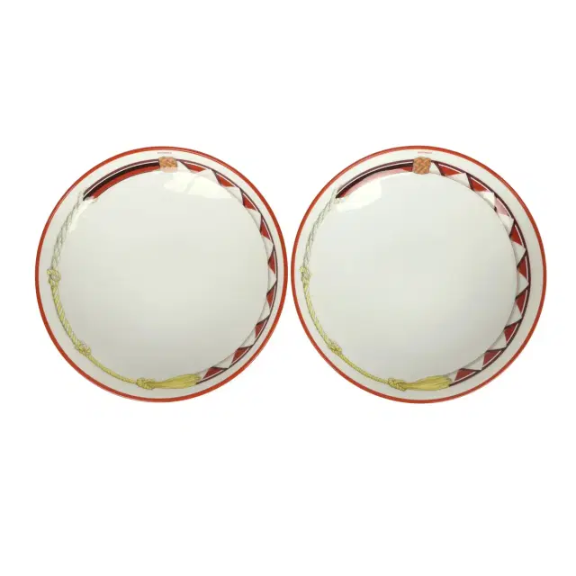 HERMÈS Hermes Medium "Tressages Equestres" Orange, White and Blue Porcelain Hollow Plate Set of 2