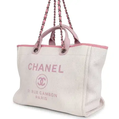 Chanel Pre-owned Chanel Medium Deauville Shopping Tote Light Pink Raffia and Canvas Silver Hardware | Thumbnail 3 Chanel Pre-owned Chanel Medium Deauville Shopping Tote Light Pink Raffia and Canvas Silver Hardware | Thumbnail 3