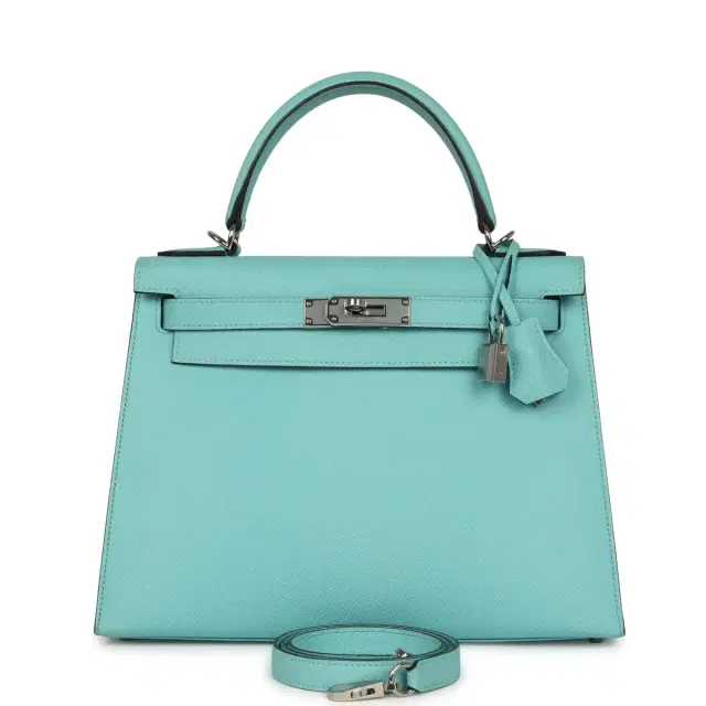 hermes Pre-owned Hermes Kelly Sellier 28 Bleu Atoll Epsom Palladium Hardware