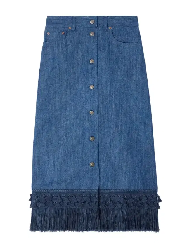Tasseled Fringed Denim Midi Skirt