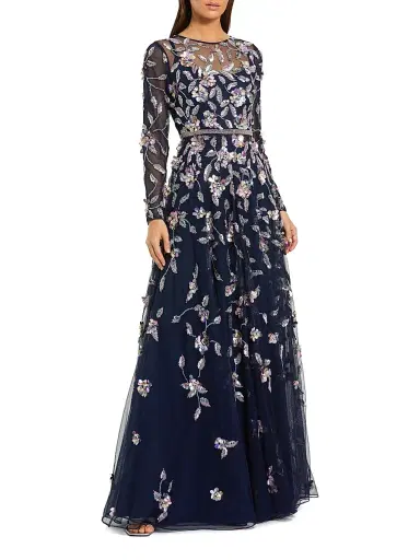 Mac Duggal Women's Floral Embellished Mesh Long-Sleeve Gown - Midnight Multi - Size 24 | Thumbnail 1 Mac Duggal Women's Floral Embellished Mesh Long-Sleeve Gown - Midnight Multi - Size 24 | Thumbnail 1