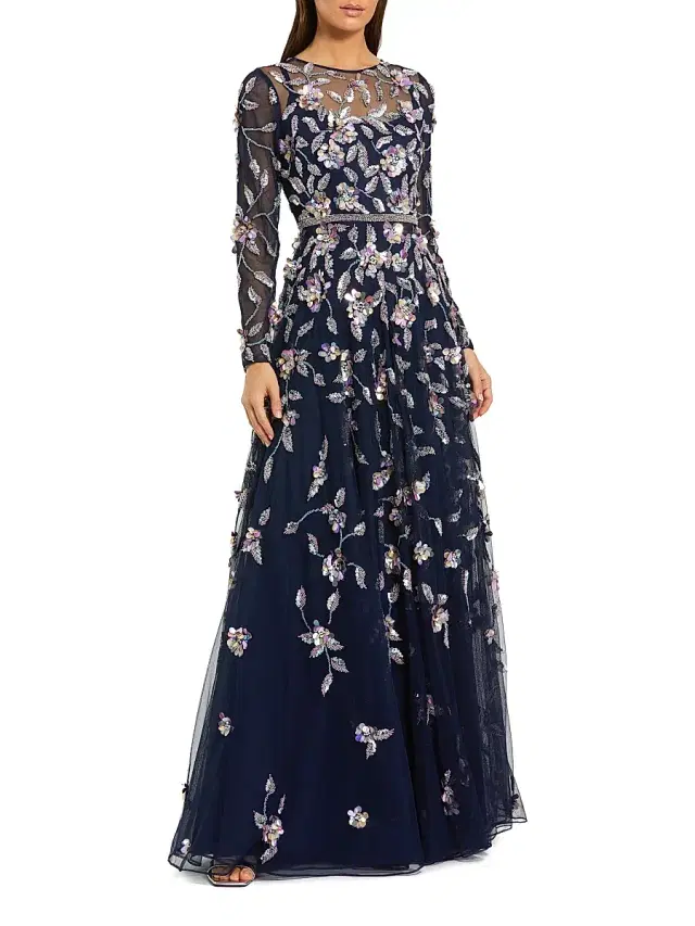 Mac Duggal Women's Floral Embellished Mesh Long-Sleeve Gown - Midnight Multi