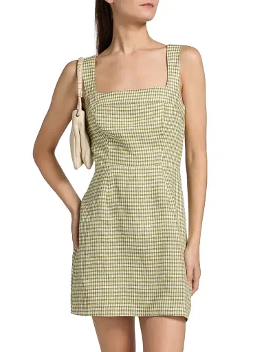 Reformation Women's Celosia Gingham Linen Minidress - Avocado Check - Size 12 | Thumbnail 3