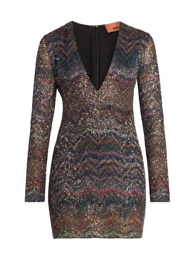 Women's Sequin Chevron Knit Minidress - Dark Multicolor Tones