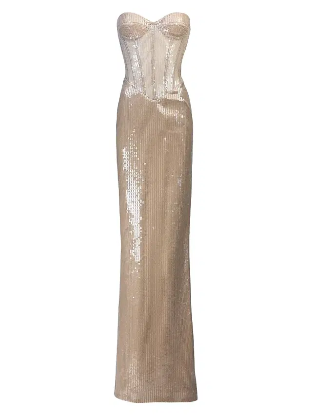 The New Arrivals Ilkyaz Ozel Women's Tara Sequined Strapless Gown - Beige