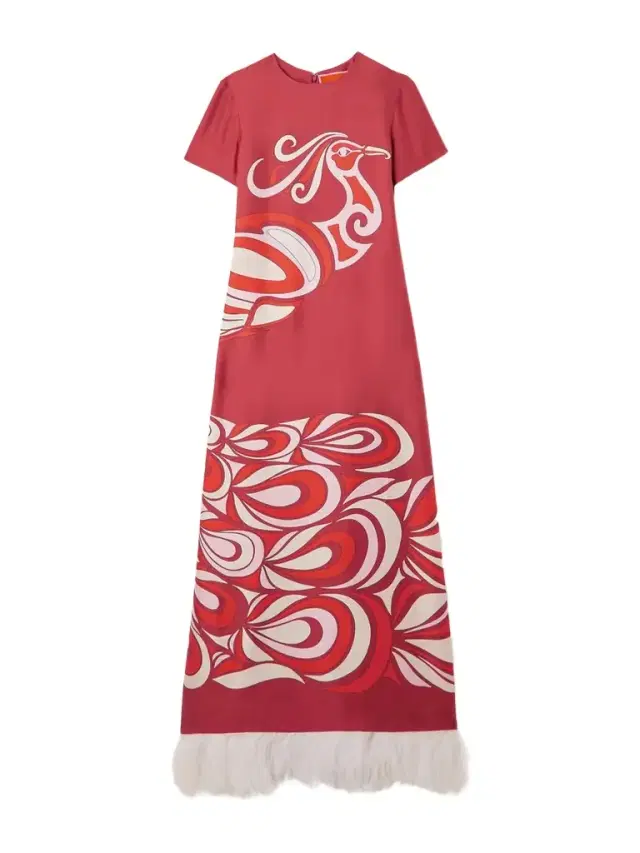 La DoubleJ Swing Feather-trimmed Printed Silk-twill Maxi Dress