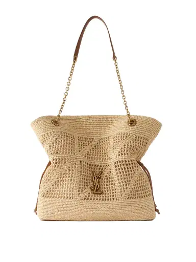 Saint Laurent Jamie Shopping Leather-trimmed Raffia Shoulder Bag | Thumbnail 1